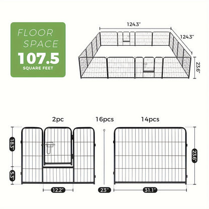 Metal Dog Playpen with Door DIY 8 or 16 Panel Foldable Pet Pen for Small Medium Large Dogs Puppies Easy Assemble Indoor Outdoor Use 24 32 40 Inch Height