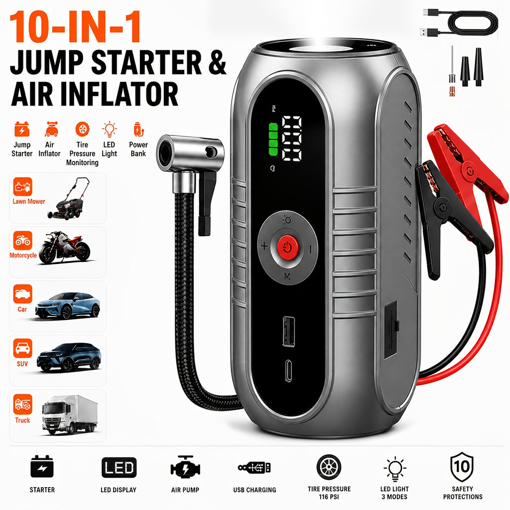 5-in-1/10IN1 Portable Car Battery Jump Starter With Tire Inflator 12V Fast Start, Battery Boost, USB I/O, LED Emergency Light, Reliable Power, Roadside/Vehicle Emergency Tool 4000A/12000A Portable Wireless Car Jump Starter Battery Portable