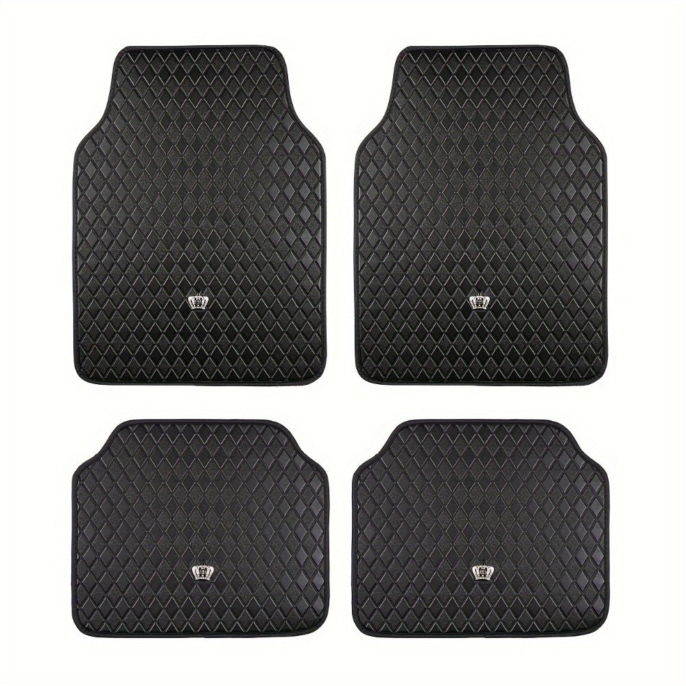Luxury Car Floor Mats PU Leather Rhinestone Crown Embroidery – Glitter 3D Embossed Foot Pad, Easy Clean, Unisex, Red & Black