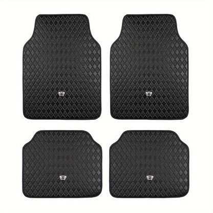 Luxury Car Floor Mats PU Leather Rhinestone Crown Embroidery – Glitter 3D Embossed Foot Pad, Easy Clean, Unisex, Red & Black