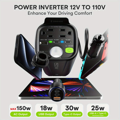 150W Car Power Inverter 12V DC to 110V AC – 2 AC Outlets, Dual 30W PD USB-C & 18W USB-A, Portable Vehicle Outlet Converter for Laptop, Camping & Road Trips