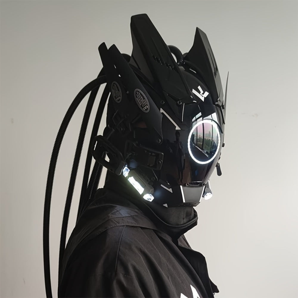 LED Punk Mask with Tubular Braids & Helmet – Futuristic Sci-Fi Mechanical Cosplay Mask for Halloween, Rave Music Festival & Party, Blue Green Pink, Handmade TPU PC Unisex Adult Costume Prop