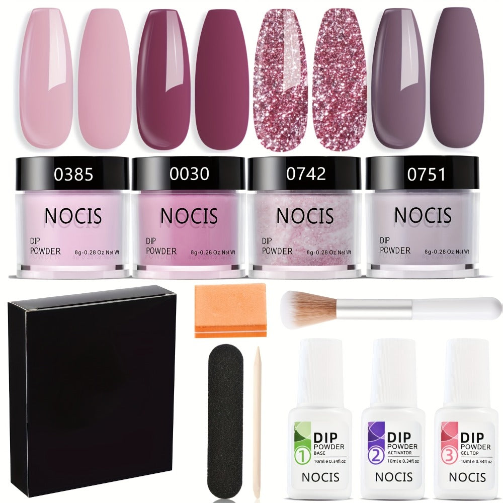 Nude Pink Glitter Dip Powder Kit 4 Colors with Base Coat Top Coat & Activator — All-in-One Beginner Starter Set for French Nail Art Salon & Home Manicure