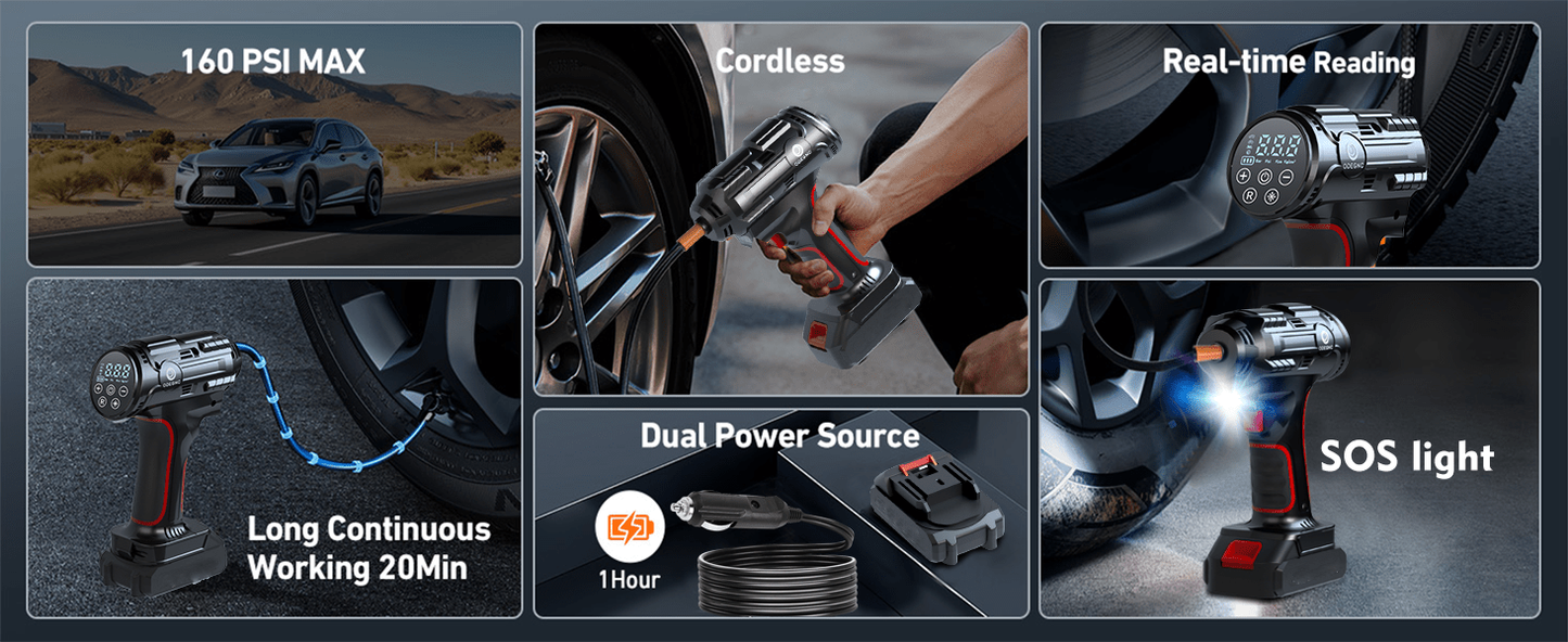 Portable Air Pump Inflator 160PSI – Auto Shut-Off, 35L/min, Dual Power (Battery/12V Car), Digital Gauge, 3-Mode LED Light for Car Tires, Bikes, Balls & Air Mattresses