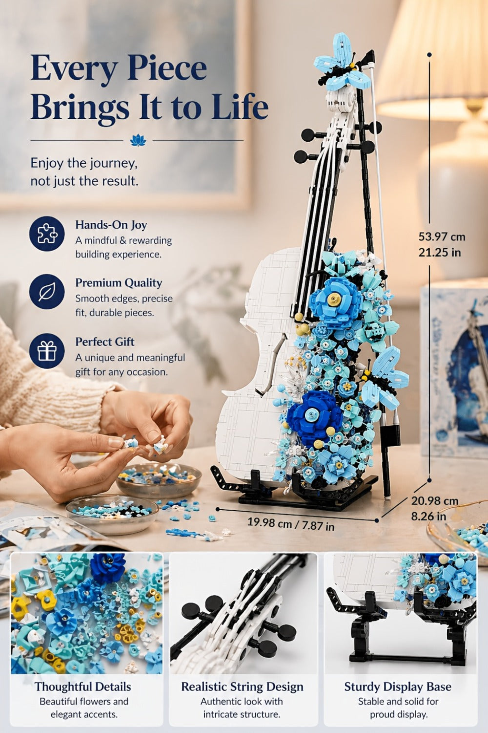 Flower Violin Building Block Set 1419pcs – 3D Musical Instrument Brick Model for Adults & Teens, Elegant Home Office Decor Display, Unique Birthday Father's Day Christmas Gift for Music Lovers