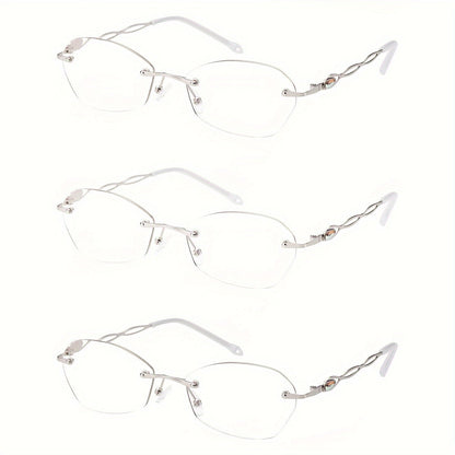 Rimless Reading Glasses for Women 3 Pack - Blue Light Blocking Lightweight Metal Frameless Readers with Anti Eyestrain Lenses, Multiple Colors and Magnifications 1.0X to 4.0X