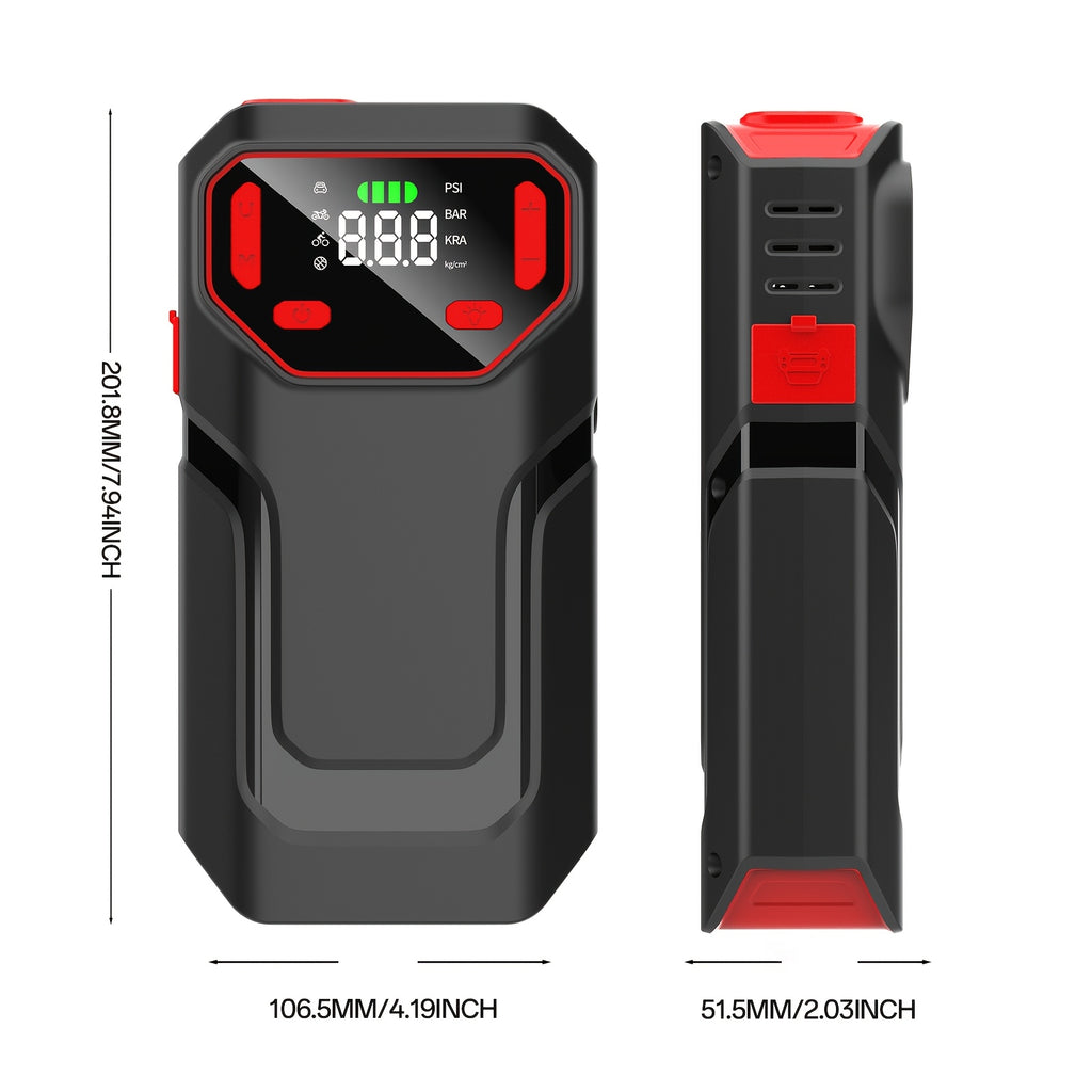 Kickstart Your Vehicle Using an Air Compressor with a Maximum Pressure of 150 PSI And a 12V Power Supply, Ideal for 8.5 Liters of Gasoline Or 1.72 Gallons of Diesel. It Features USB Input/Output And an LED Emergency Light