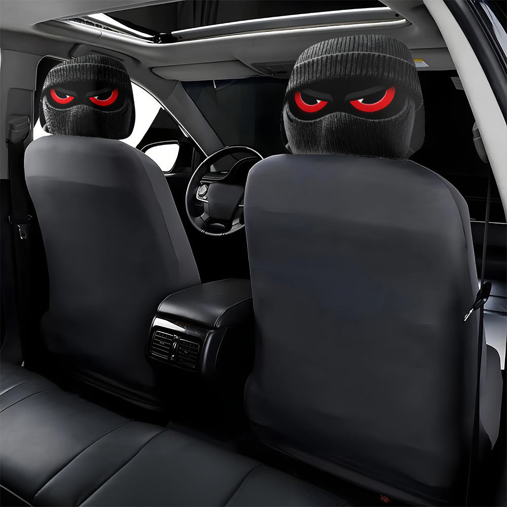 2pcs Red-Eyed Bandit Mask Car Headrest Covers, Knit, Unisex, No Stuffing, Easy to Install and Wash, Trendy Car Interior Decor for Friends Gathering and Road Trips, Unique and Fun Car Accessories