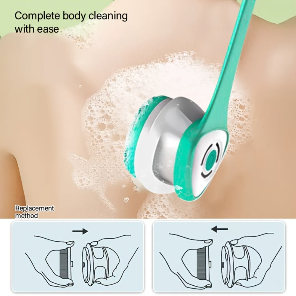 Electric Body Scrubber Brush 5-in-1 Rotating Shower Exfoliator with Long Handle - Soft Bristle Waterproof Bath Brush for Back Face & Full Body, Home Spa Skin Care Tool for Women & Men
