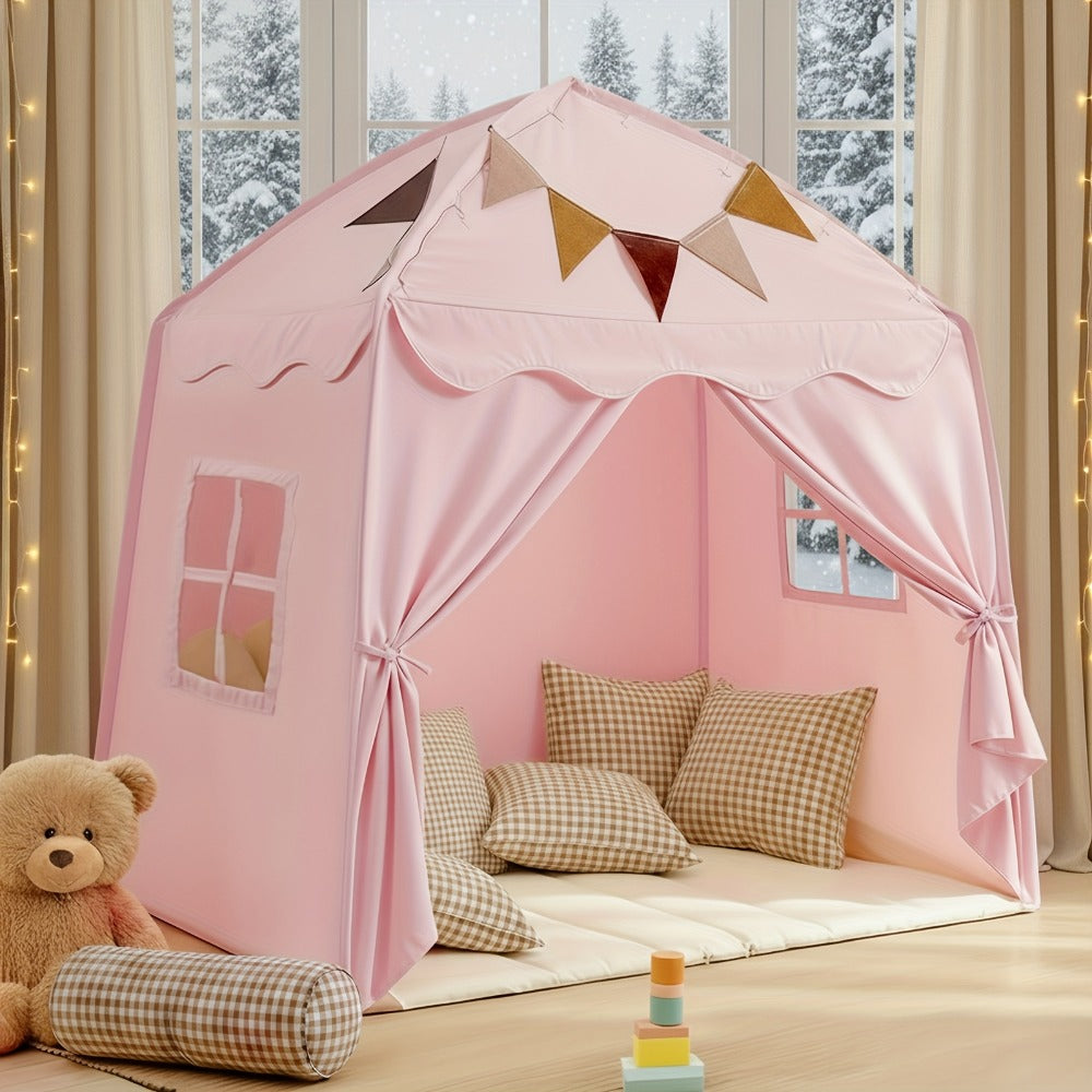 Play Tent for Kids Extra Large – Portable Foldable Teepee Indoor Outdoor Dome Playhouse with Flags, Bed Canopy Reading Nook for Boys Girls, Beige Pink Green Brown Cream 51–59 Inch