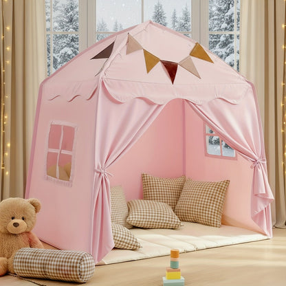 Play Tent for Kids Extra Large – Portable Foldable Teepee Indoor Outdoor Dome Playhouse with Flags, Bed Canopy Reading Nook for Boys Girls, Beige Pink Green Brown Cream 51–59 Inch