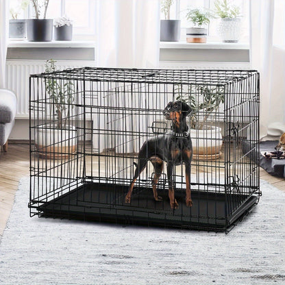 Dog Crate Double Door Folding Metal Cage with Divider & Leak-Proof Tray – 42 & 48 Inch Wire Kennel for Puppies, Medium & Large Dogs, Portable Indoor Outdoor Pet Crate, 3 Colors