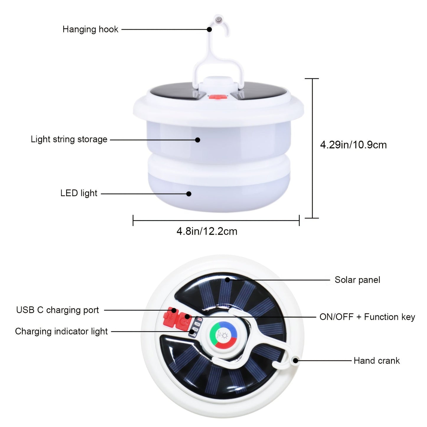 Solar Camping Lantern with Retractable String Lights – 2-in-1 LED Tent Light, 6 Modes, USB-C & Solar Rechargeable, Hand Crank, 10M String Lights, Portable Outdoor Camping Light for Camping, Patio & Emergency