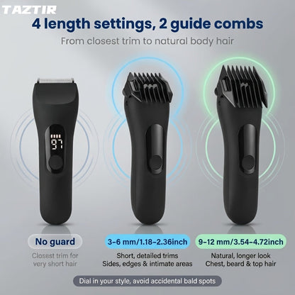 Waterproof Beard Trimmer 5-in-1 Body Grooming Kit for Men IP67 USB Rechargeable Electric Razor with Ceramic Blades LED Display – TAZTIR Black Matte Finish Gift Box Set, Birthday Father's Day Holiday Gift