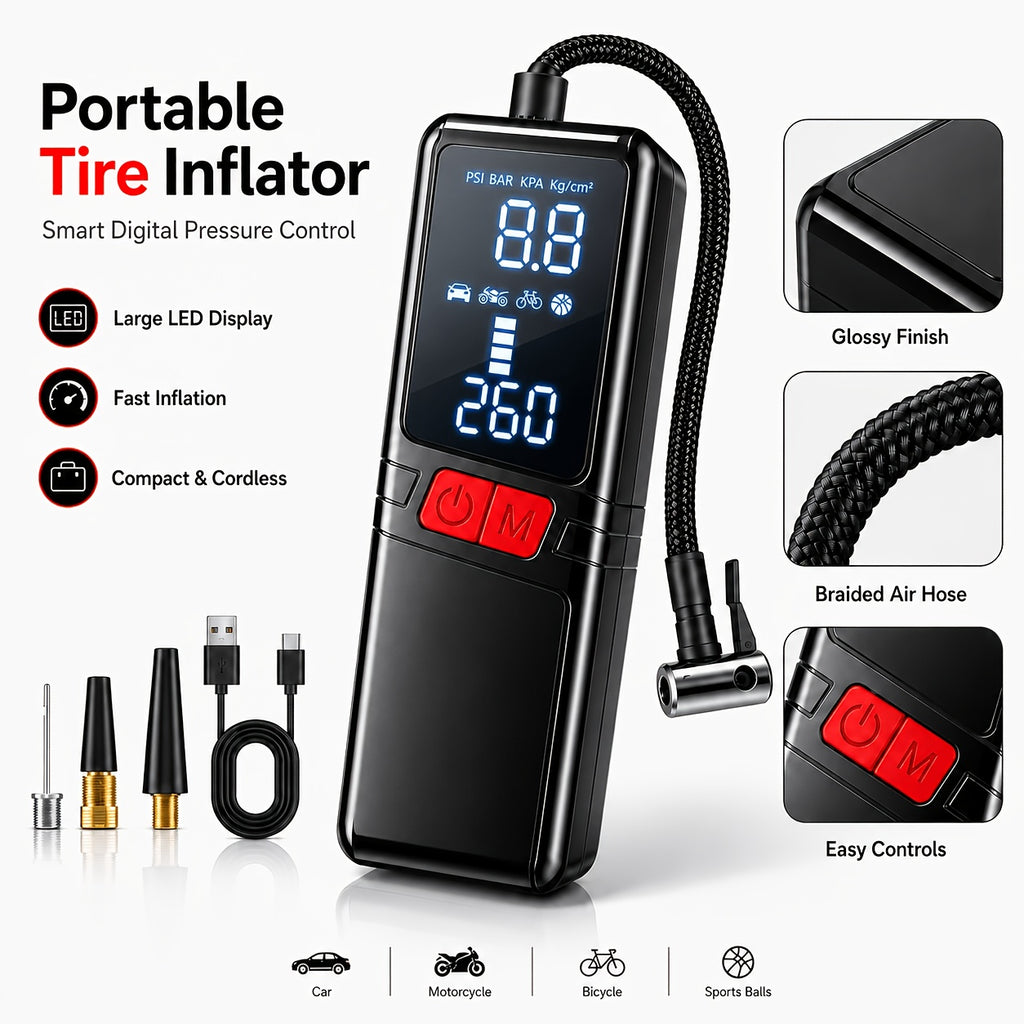 12000APortable Wireless Car Air Compressor Inflator Hand Pump with LED Lighting, Suitable for Cars/motorcycles/bicycles