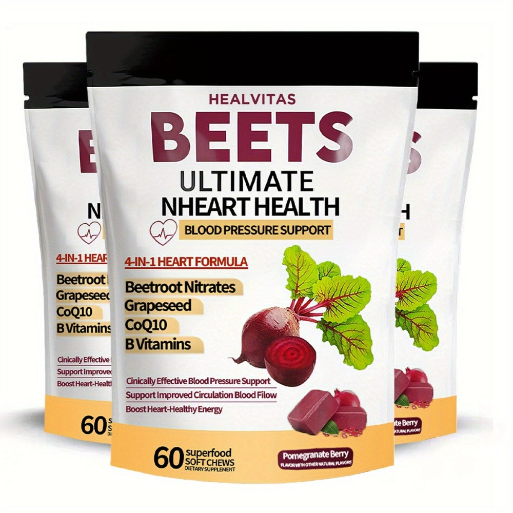 Super Beet Chewable Gummies with CoQ10 Grape Seed Extract & B Vitamins — 4-in-1 Blood Pressure Heart Health Circulation & Energy Support for Women and Men | 60 120 or 180 Count