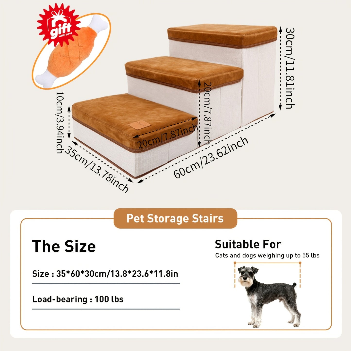 Dog Stairs for High Beds 3-Tier Foldable Pet Steps with Non-Slip Surface & Plush Chicken Leg Toy | Nylon Dog Ramp for Small & Extra Small Breeds | Fits Sofas Couches Beds | Coffee & Gray