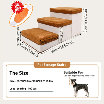Dog Stairs for High Beds 3-Tier Foldable Pet Steps with Non-Slip Surface & Plush Chicken Leg Toy | Nylon Dog Ramp for Small & Extra Small Breeds | Fits Sofas Couches Beds | Coffee & Gray