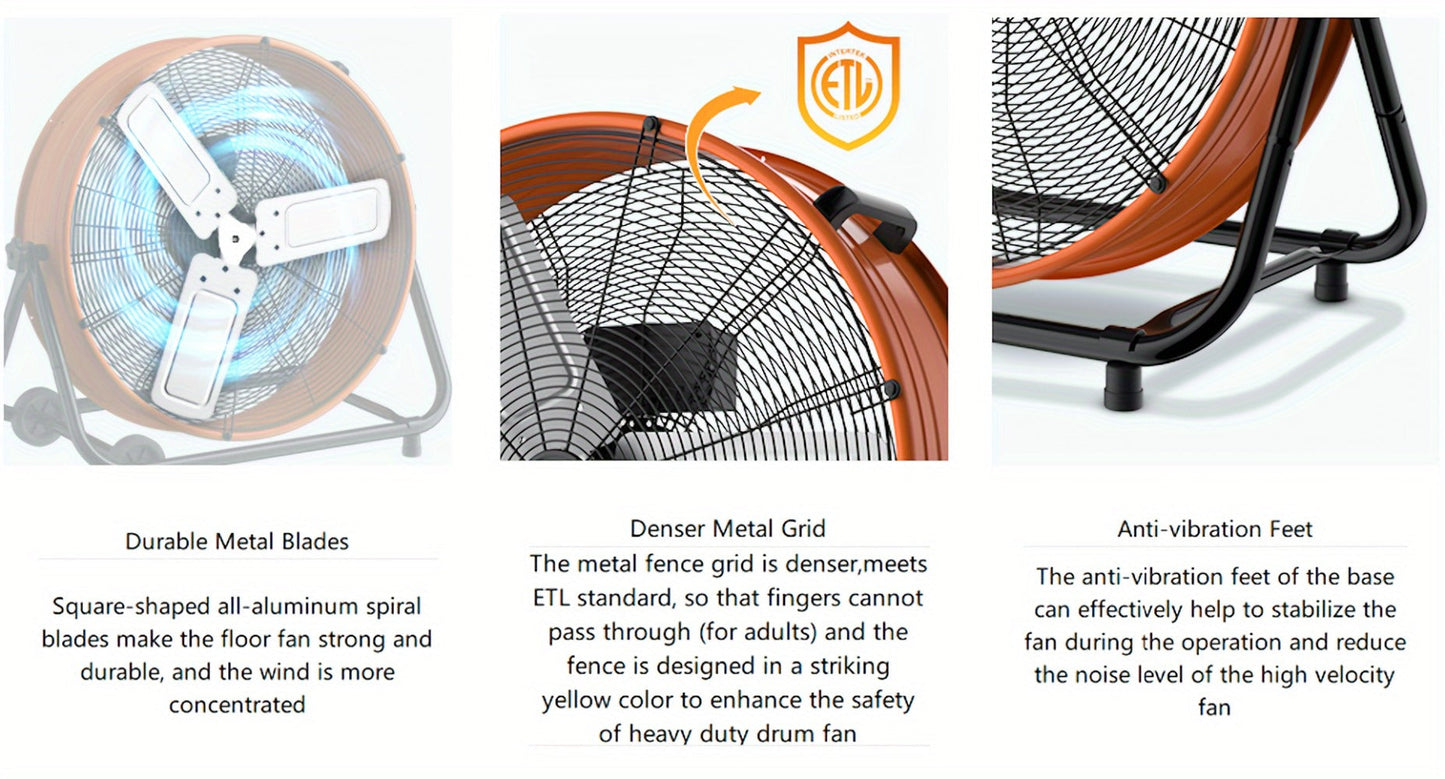 Industrial Drum Fan 24 & 30 Inch | High Velocity Floor Fan 9460-14000 CFM, 3-Speed Air Circulator with 180° Tilt for Warehouse, Garage, Workshop, Job Site & Large Space Cooling – Multiple Colors