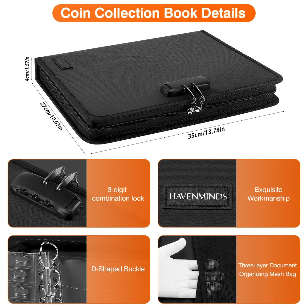 300-Pocket Coin Collection Book with Lock - Fireproof Holder, 72 Currency Sleeves, Coin Organizer Album for Pennies, Bills & Stamps | Complete Collector Supplies Set - Black
