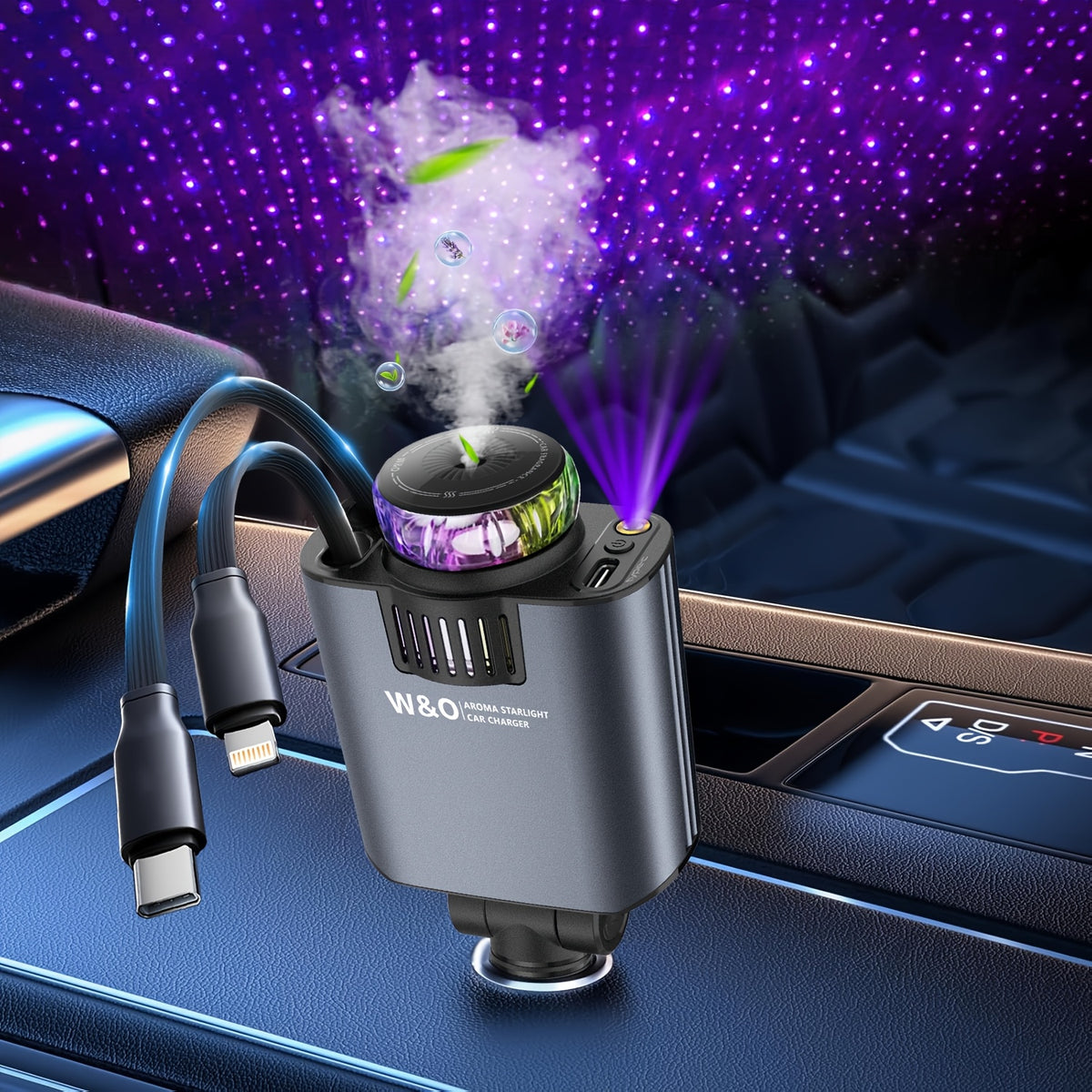 Perfume Is Sold Separately/New AromaRelax Car ChargerBLUE/RED Light, 3-in-1 Retractable Car Charger with Starlight Projector, Fast Charging Car Phone Charger with 2.6ft Retractable Cable And USB-C Port.