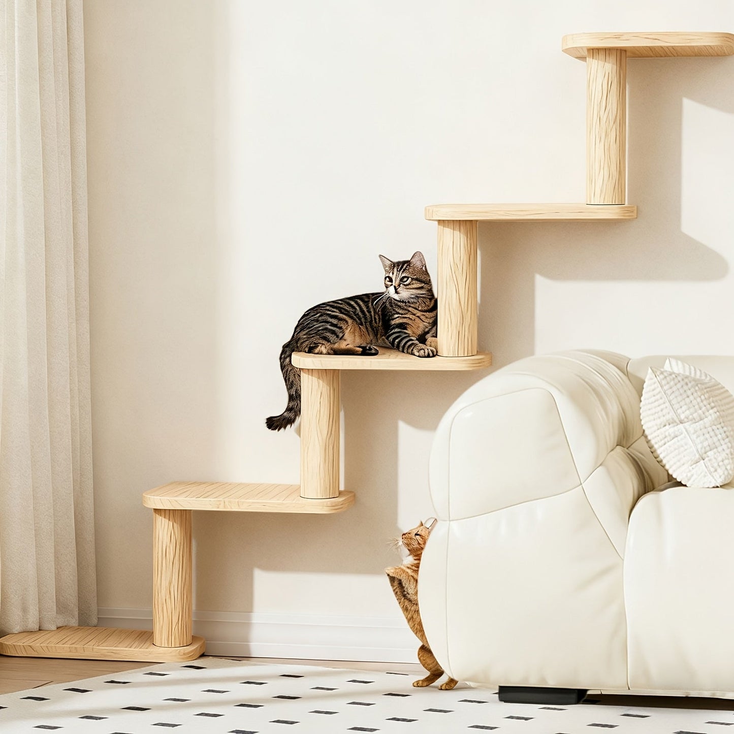 Wall-Mounted Cat Tree 5 Layers Solid Wood Indoor Cat Climbing Frame Jumping Platform Ladder Space-Saving for Small Spaces Multi-Cat Homes Living Room Bedroom Balcony