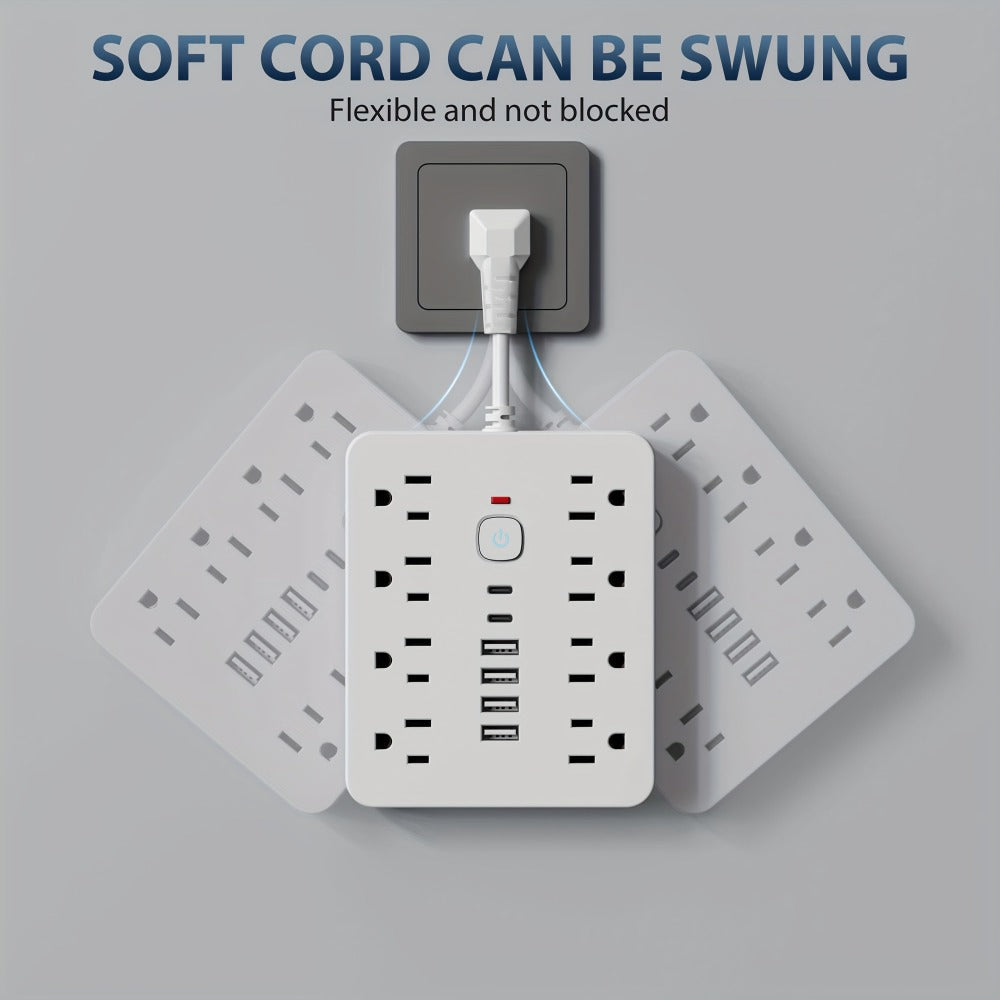 Power Strip Surge Protector 14-in-1 with 8 AC Outlets, 4 USB & 2 Type-C Ports – Flat Plug Space-Saving Extension Cord, Compact Multi-Plug Outlet Expander for Home Office Desk & Kitchen