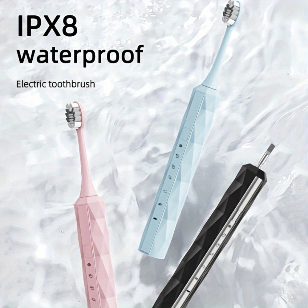 Sonic Electric Toothbrush IPX8 Waterproof – USB Rechargeable, Smart Timer, Metal Handle, 5 Replacement Brush Heads, Soft Bristles for Adults Men & Women – Black & Blue