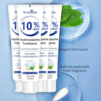 Hydroxyapatite Toothpaste 4-Pack – 10% Nano Formula with Baking Soda, Deep Cleaning & Whitening Gel, Mint Fresh Breath, Fluoride-Free Daily Oral Care for Everyone, Home & Travel Sleek Tube Design (400g)