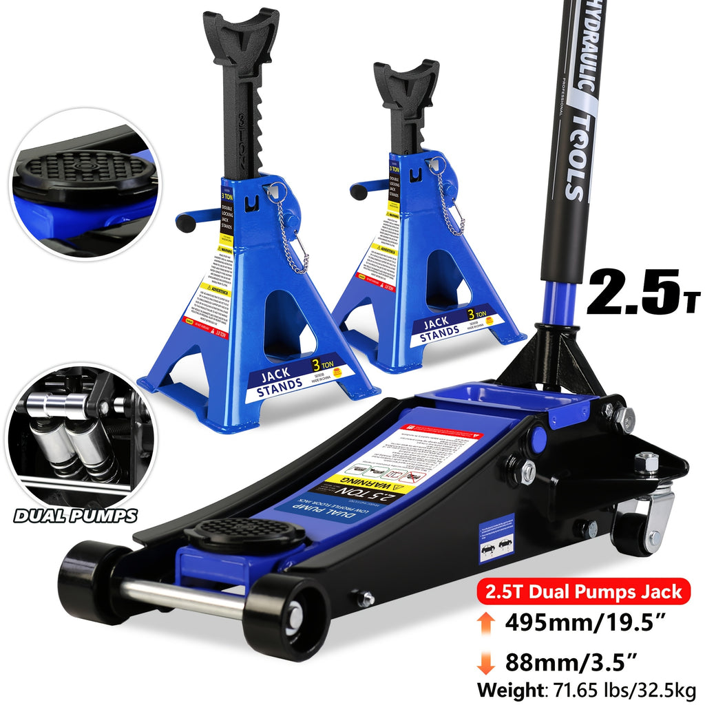 3.5T 2.5T 2T Optional Steel Floor Jack Quick Rise Piston Pump Low Profile, Hydraulic Trolley Car Jack with 2 Ratchet 3 Ton Jack Stands, Truck Jack Combo, Service Jack, Farm Jack Tire Repair