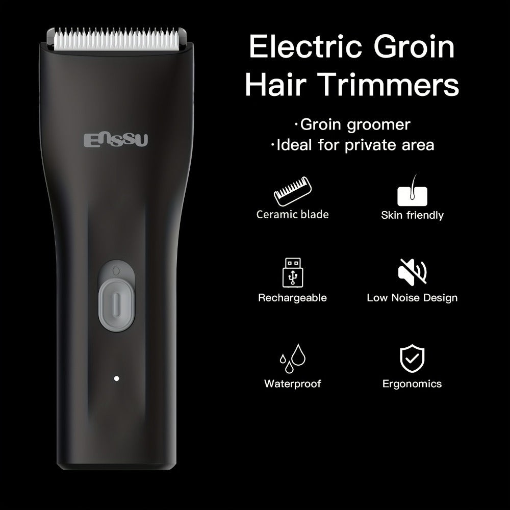Manscaping Trimmer for Men IPX7 Waterproof Ceramic Blade Electric Groin & Pubic Body Hair Shaver – LCD Battery Display Replaceable Head Safe Grooming Tool, Black Blue White