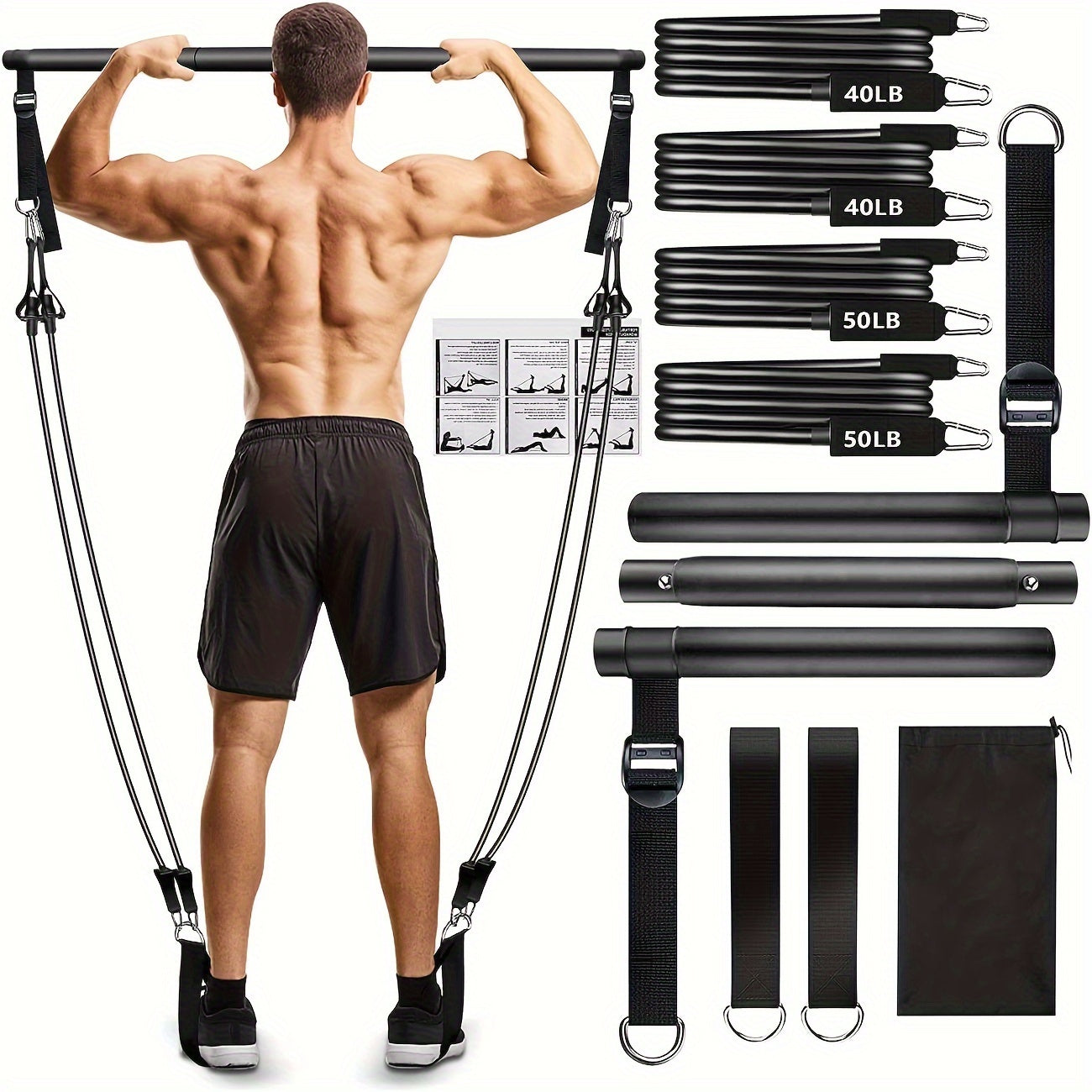 3-Section Pilates Bar Kit – 4 TPE Resistance Bands (40-50 lbs), 2 Ankle Straps & Storage Bag for Legs, Hips, Waist & Arm Yoga Stretching Fitness