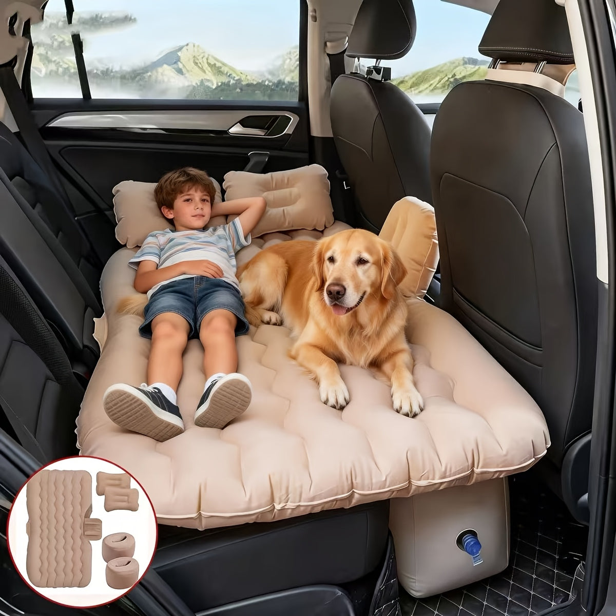 Premium Blue Gray And Beige Black Portable Inflatable Car Mattress, Car Beds for Vehicles, PVC Material, Suitable for Backseat Sleeping, Outdoor Camping Picnic Travel Cushion Bed, Car Additions for Men