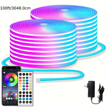 Neon Rope Lights 100ft RGB LED with App & Remote Control, 2 Rolls of 50ft Flexible Neon LED Strip, 24V Safe Low Voltage, for Bedroom, Room Decor, Gaming Setup, Indoor Accent & Holiday Lighting