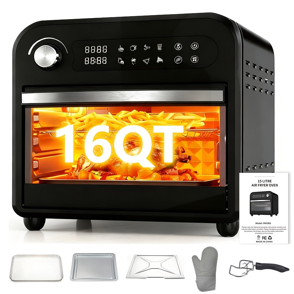 Air Fryer Toaster Oven Combo 15QT Extra Large, 360° Convection, LED Digital Display, Precise Temperature Control – Stainless Steel Interior, 5 Accessories, Healthy Low-Oil Cooking for Family Kitchen