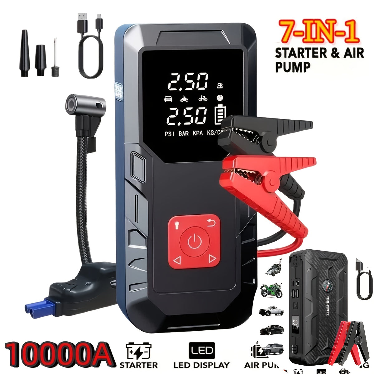 10000A Portable Car Jump Starter Optional10000A Portable Car Jump Starter (with 350PSI Tire Inflator) 9-in-1 Car Battery Charger Jump Starter Accessories And Tools LED Light USB Type-C And Output Interfaces Fast Charging Function, Suitable As Gift