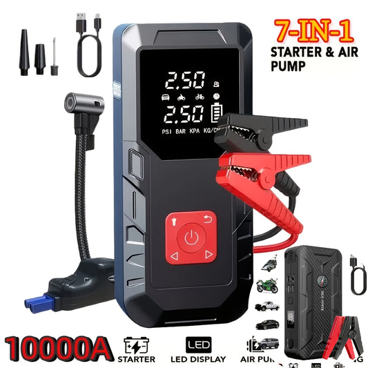 10000A Portable Car Jump Starter Optional10000A Portable Car Jump Starter (with 350PSI Tire Inflator) 9-in-1 Car Battery Charger Jump Starter Accessories And Tools LED Light USB Type-C And Output Interfaces Fast Charging Function, Suitable As Gift