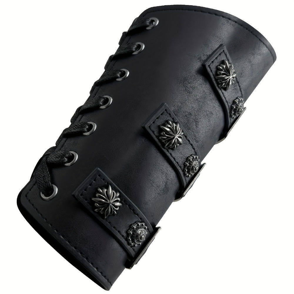 Viking Medieval Leather Arm Guards Bracers – PU Leather Knight Gauntlets Adjustable Metal Buckles Rivets for Men Women Halloween Cosplay LARP Renaissance Fair Stage Costume Dark Brown Khaki Black