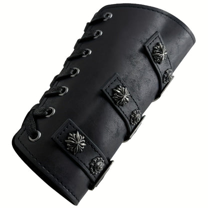 Viking Medieval Leather Arm Guards Bracers – PU Leather Knight Gauntlets Adjustable Metal Buckles Rivets for Men Women Halloween Cosplay LARP Renaissance Fair Stage Costume Dark Brown Khaki Black