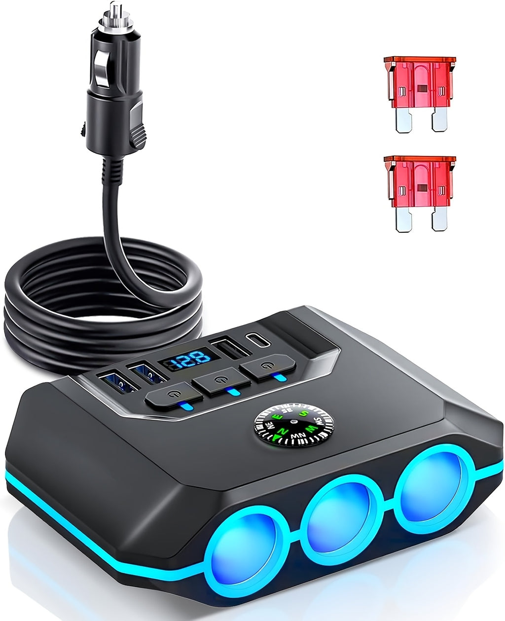 7-in-1 120W Car Charger Adapter, 3-Socket Auto Power Outlet Splitter with Built-In Compass, Type-C PD & 3 USB Fast Charging Ports, Real-Time LED Voltmeter, Independent Switches for 12V-24V Vehicles By AXVIV