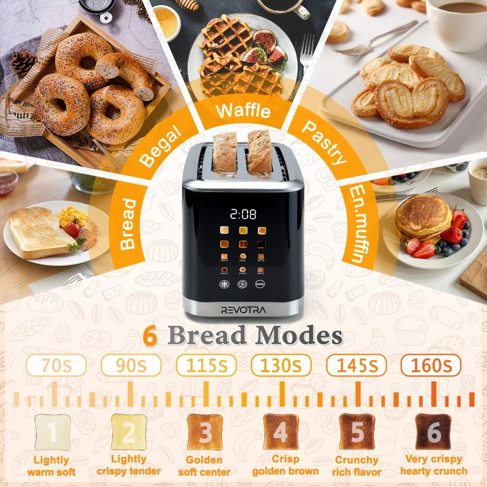 Stainless Steel Toaster 2 Slice with LED Display & Extra Wide Slots – 6 Shade Settings, Defrost Reheat Cancel Functions, Removable Crumb Tray, Compact Design for Bagels, Waffles & Bread