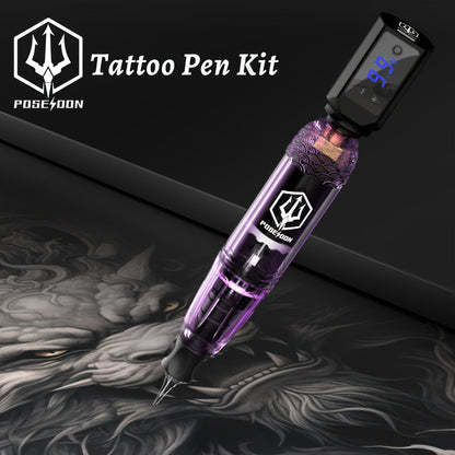 POSEIDON TK039 Tattoo Pen Kit Wireless Rotary Machine with LED Display Coreless Motor 20 Cartridge Needles 10 Inks Practice Skin & Complete Tattoo Supplies for Beginners & Professional Artists