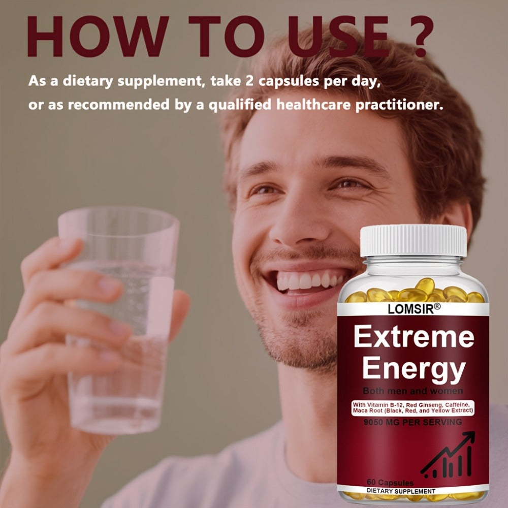 Red Ginseng Energy Capsules 9050mg with Maca & Saw Palmetto – Everyday Vitality & Stamina Supplement for Men & Women | Natural Energy Booster Softgels | 60 Count
