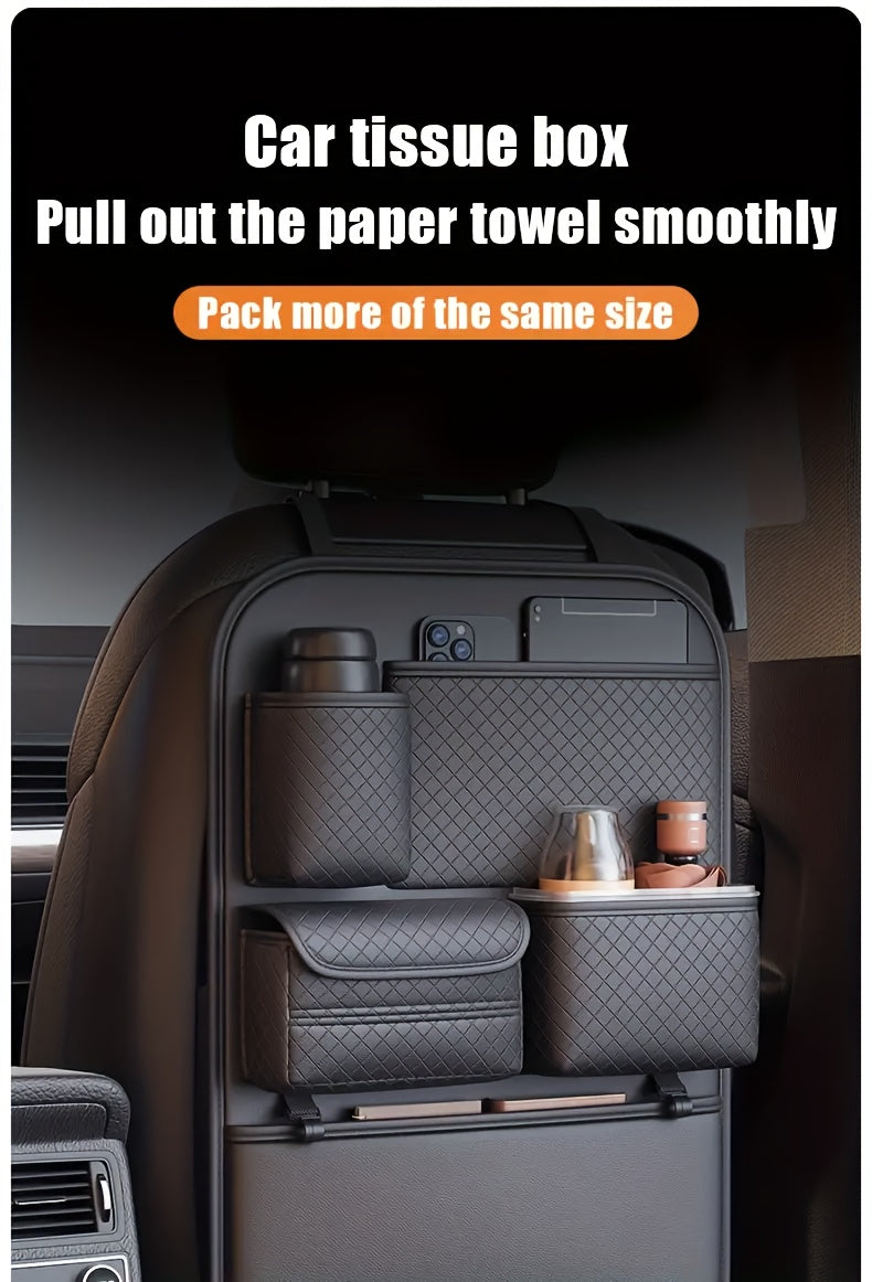 1pc Brand New 2025 Faux Leather Car Seat Back Organizer Bag Featuring a Diamond Design - Multi-Tier Storage for Bottles, Tablets, Laptops, And Additions, Black, Universal | Chic Car Organizer Bag | Faux Leather Car Bag
