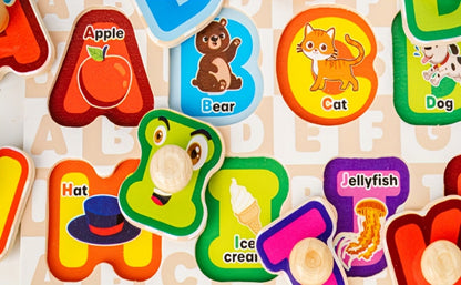 6-in-1 Wooden Toddler Puzzle Set with Storage Rack – Alphabet Number Shape Animal Dinosaur Vehicle Puzzles, STEM Montessori Educational Learning Toy, Gift for Baby Boys Girls Ages 1 2 3
