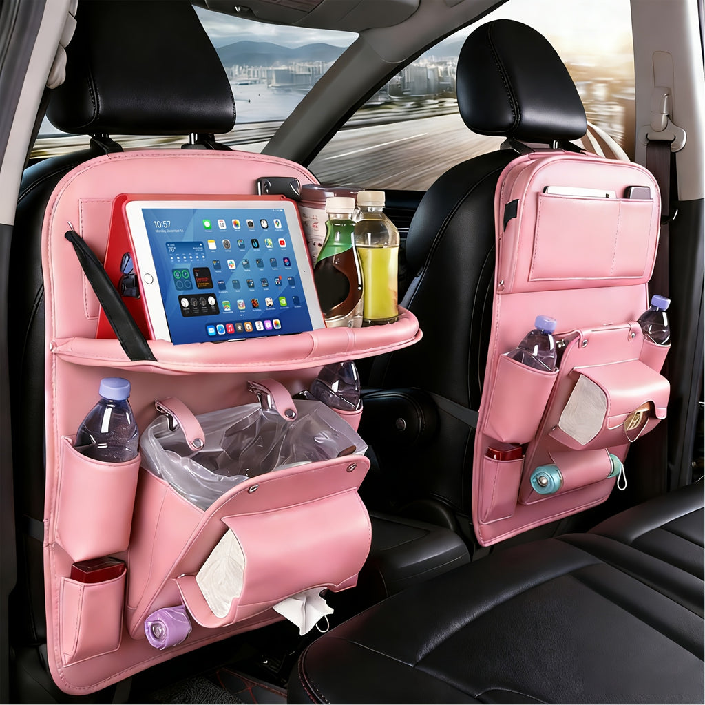 QIANKUNBAG Car Back Seat Organizer with Foldable Tray Interior Tissue Holder, Footrest Protector, And Multi-Pocket Hanging Storage Bag - Durable PU Fabric for Shopping & Essentials Car Seat Organizatio(Pink Black Grey Brown Beige)