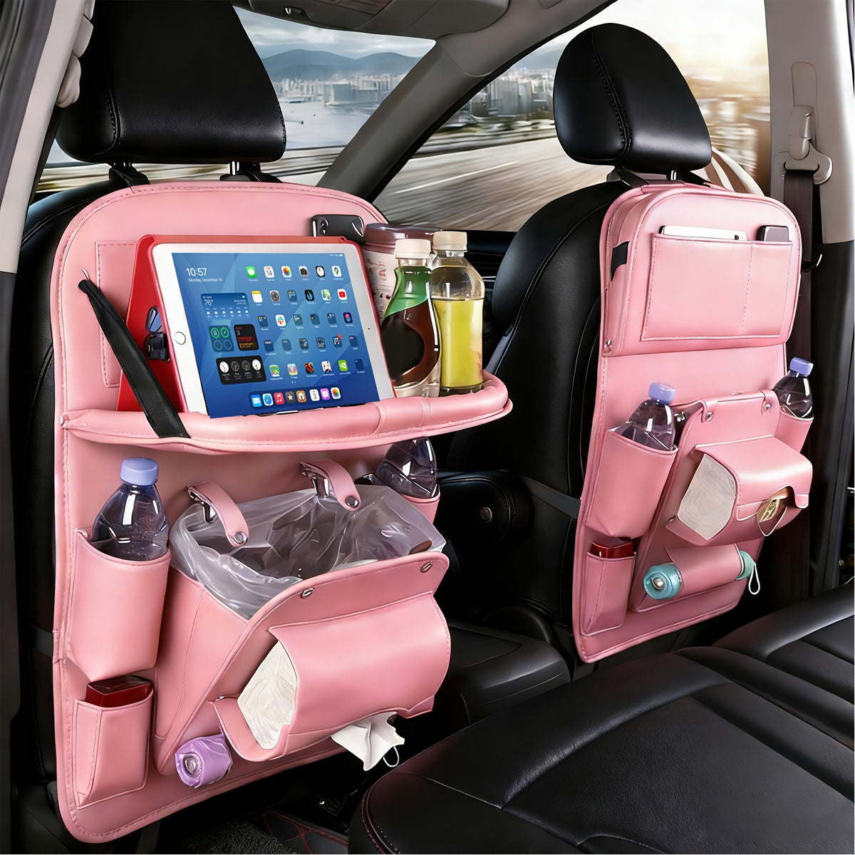QIANKUNBAG Car Back Seat Organizer with Foldable Tray Interior Tissue Holder, Footrest Protector, And Multi-Pocket Hanging Storage Bag - Durable PU Fabric for Shopping & Essentials Car Seat Organizatio(Pink Black Grey Brown Beige)