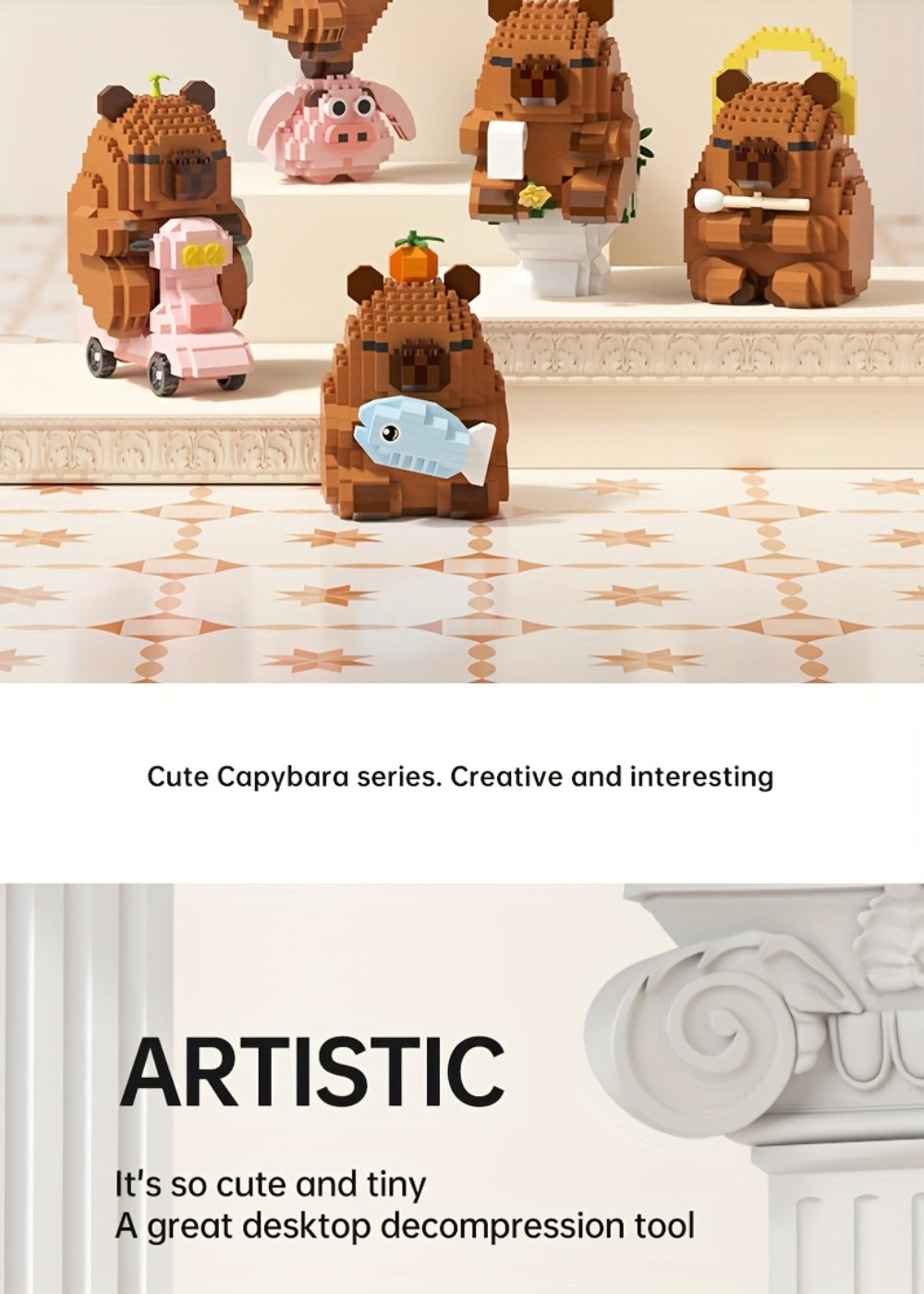 Capybara Micro Brick Building Set 562pcs Collector Edition – Miniature DIY Assembly Desk Decor Stress Relief Toy for Kids Teens Adults Capybara Lover Gift Birthday Easter Christmas Multiple Scenes