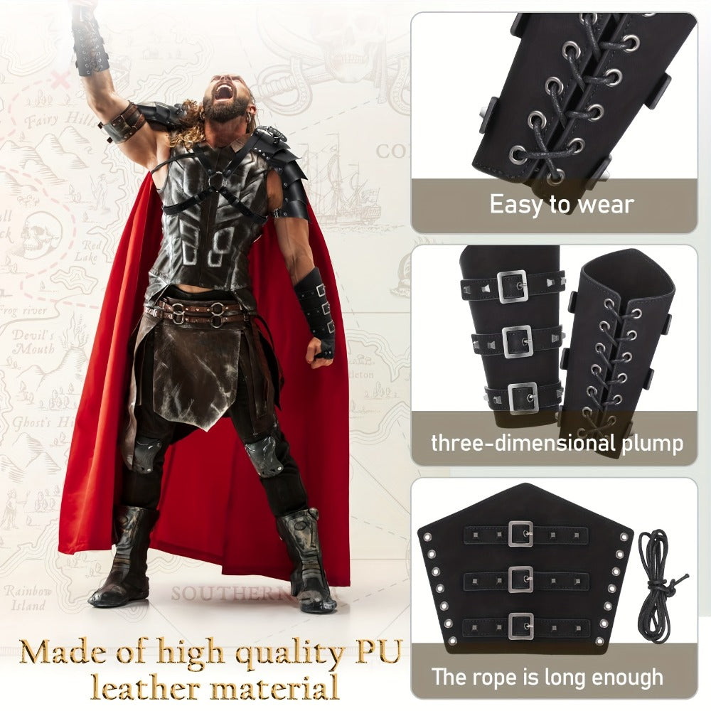 Medieval Knight Costume Set 4pcs PU Leather Shoulder Armor Cape Arm Guards & Belt for Men – Viking Warrior LARP Cosplay Halloween Renaissance Faire Prop, Black