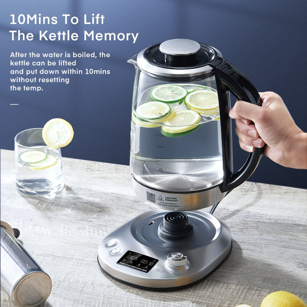 Electric Tea Kettle with 9 Temperature Control Presets – 1.7L Borosilicate Glass Kettle, 1200W, Removable Infuser, 2-Hour Keep Warm, Stainless Steel Hot Water & Tea Pot for Home & Office